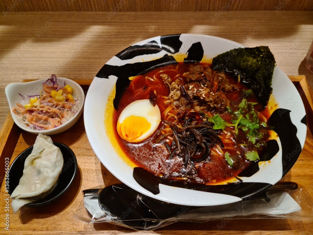 Wall Mural Delicious Niku Mala Ramen Meal with Dumplings and Salad at Menya Musashi Bukotsu