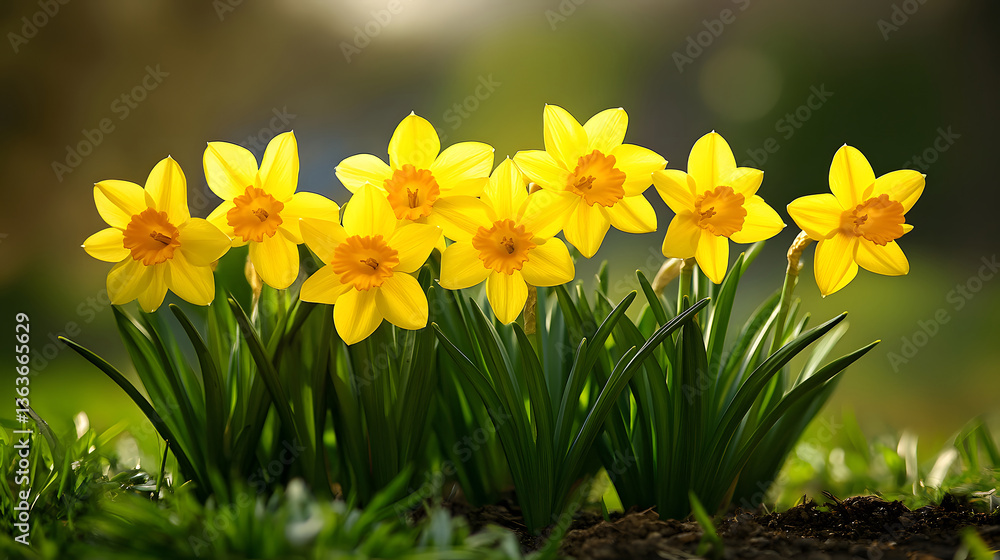 Fototapeta premium Close-up of vibrant yellow daffodils in full bloom, illuminated by sunlight in a garden setting.