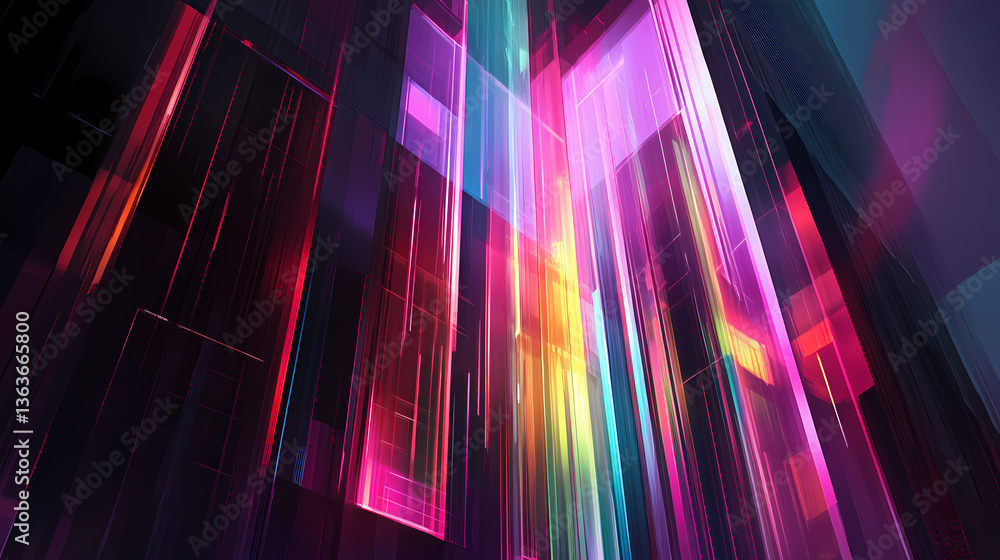 Digital realm where towering geometric shapes are suspended in the air, reflecting colorful light beams that change with movement. Suspended Change. Illustration