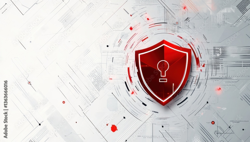 Fototapeta premium Abstract security technology background with a red outline of a shield symbol on a white and grey tech banner for website design, business, and web development Generative AI