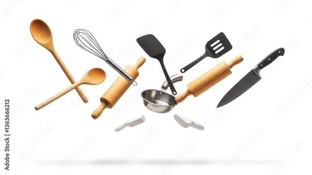 Fototapeta premium Floating kitchen utensils: spoons, whisk, spatulas, rolling pin, knife, and pot.