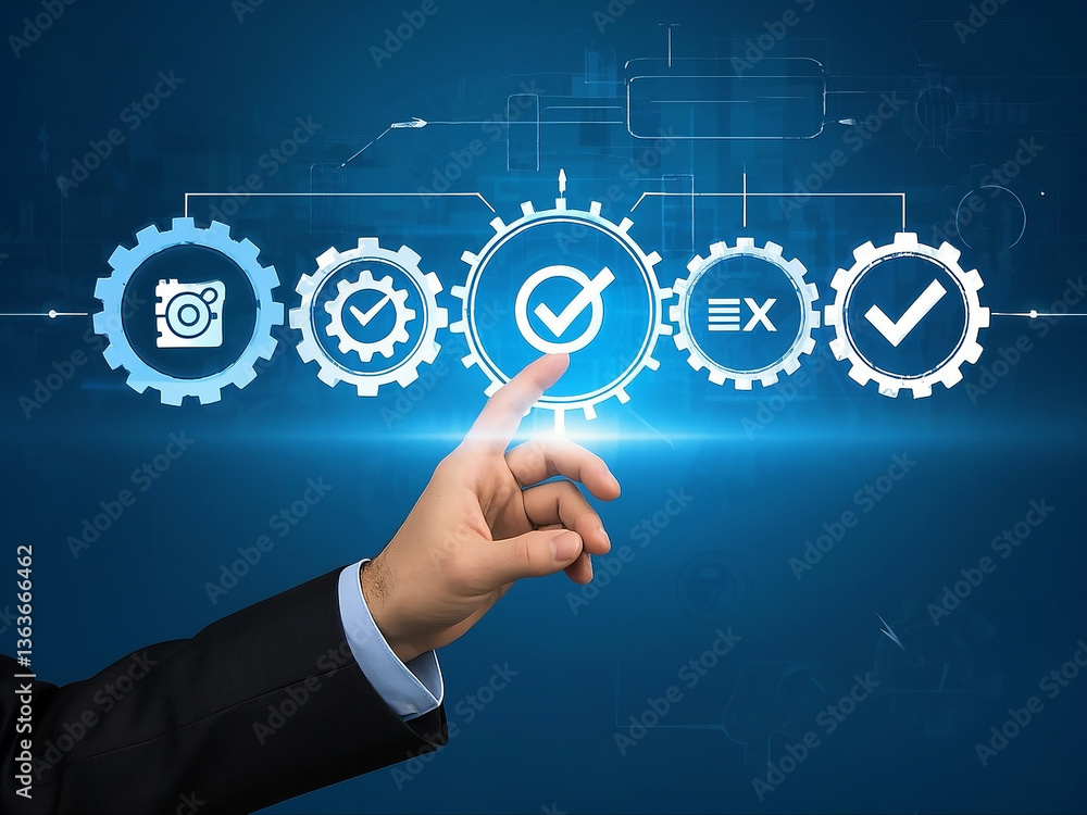 Workflow and flowchart. Business process automation (BPA) technology. Businessman touching checkmark and gears icon on flowchart.
Workflow and flowchart. Business process automation (BPA) technology. Businessman touching checkmark and gears icon on flowchart.