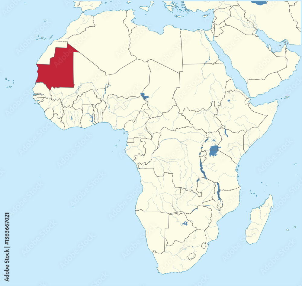 Fototapeta premium Detailed national location map of MAURITANIA within the great continent of Africa