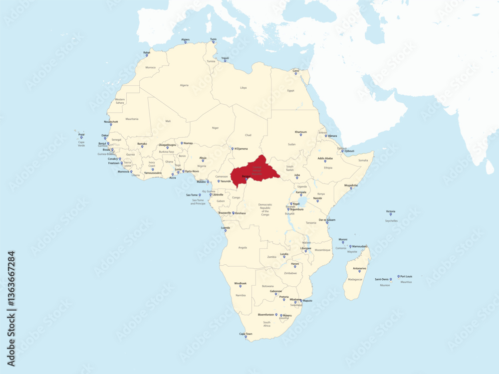 Fototapeta premium Detailed national location map of CENTRAL AFRICAN REPUBLIC within the great continent of Africa