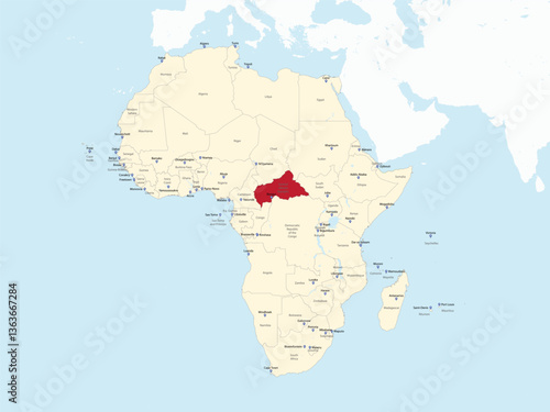 Detailed national location map of CENTRAL AFRICAN REPUBLIC within the great continent of Africa