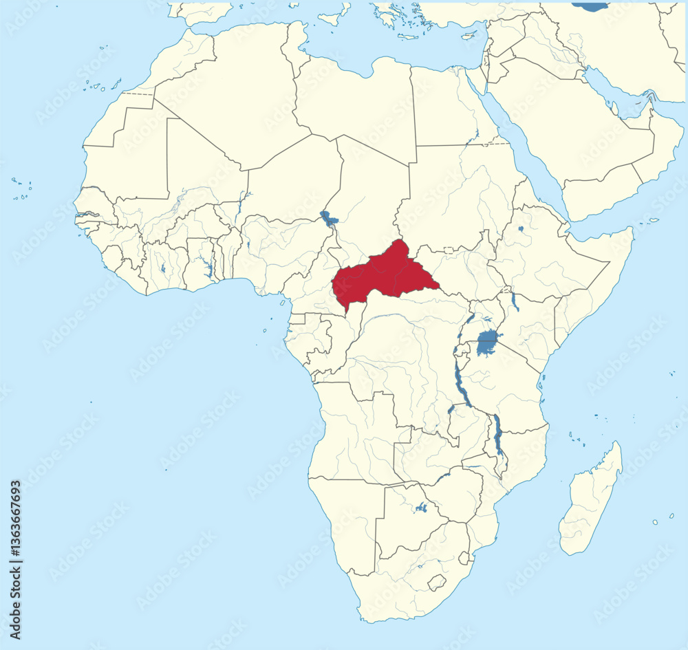 Naklejka premium Detailed national location map of CENTRAL AFRICAN REPUBLIC within the great continent of Africa