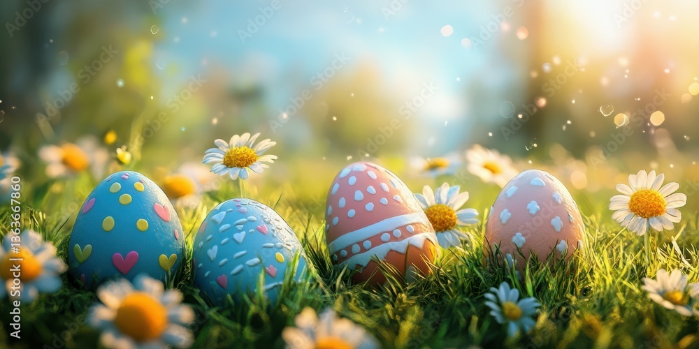 Colorful Easter eggs resting on grass among daisies during a sunny spring day Colorful Easter eggs resting on grass among daisies during a sunny spring day