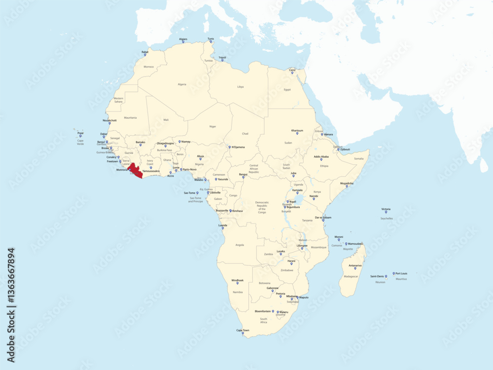 Fototapeta premium Detailed national location map of LIBERIA within the great continent of Africa