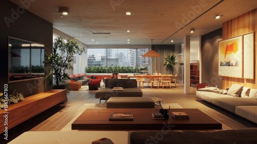 A beautifully designed modern apartment interior with city view from a large window