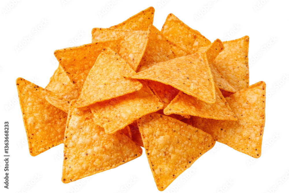 Crunchy orange corn tortilla chips piled on black background, cut out Crunchy orange corn tortilla chips piled on black background, cut out
