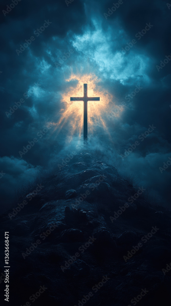 Christian Cross Illuminated Through Fog Christian Cross Illuminated Through Fog