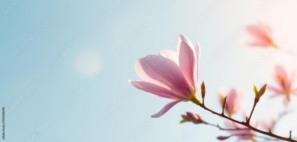 Fototapeta premium Single pink magnolia blossom adrift in a soft blue sky, serene and abstract, mood, abstract