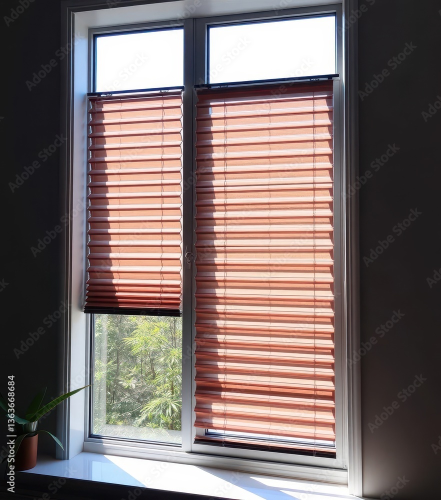 Fototapeta premium Sleek modern window with integrated blinds, showcasing natural light, contemporary, frame