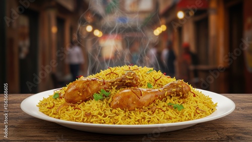 A steaming plate of chicken biryani on a wooden table, delicious and spicy.