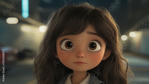 Animated girl gazes forward in an underground garage with soft lighting and vehicle details