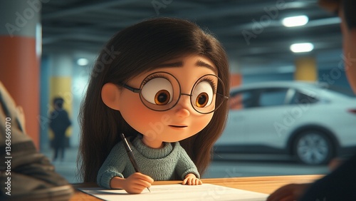 Cartoon girl signing document indoor parking agreement meeting automotive background