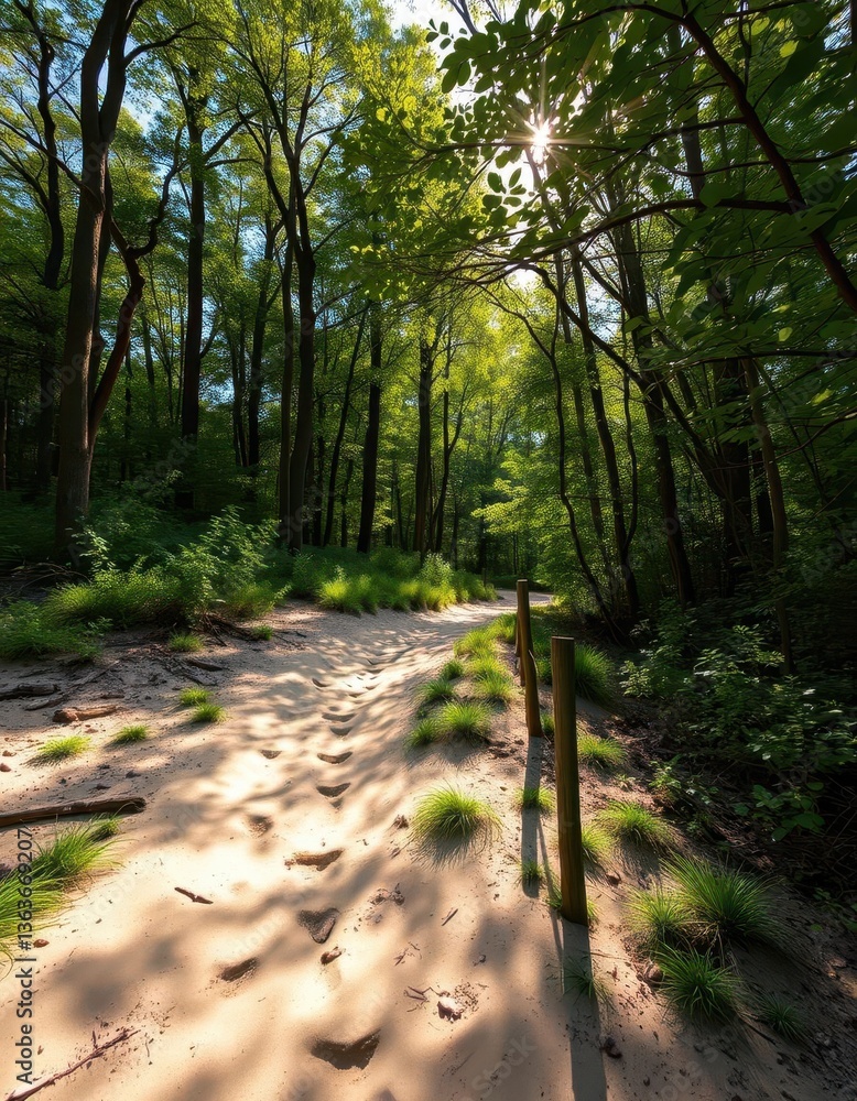 Fototapeta premium Sun-dappled sandy track disappearing into dense woodland, undergrowth, trail, sunlight
