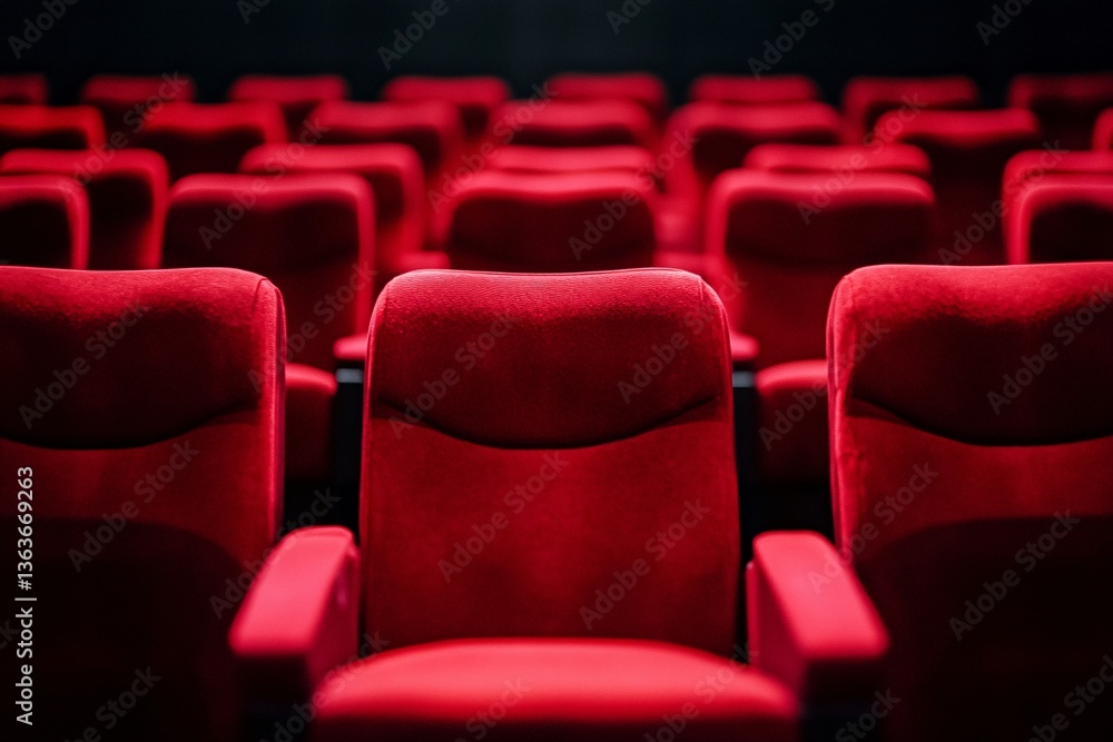 Obraz premium Inside the cinema: Empty rows of luxurious red chairs await an audience