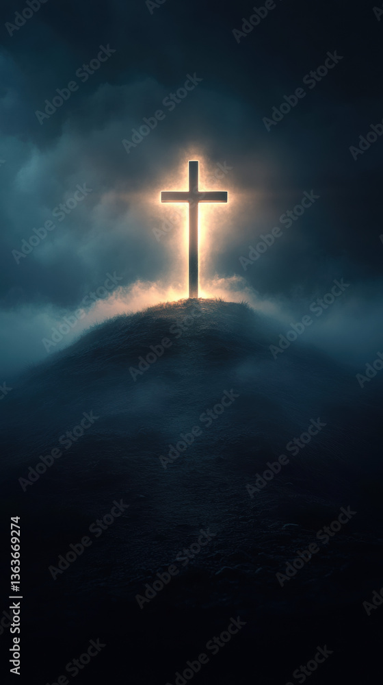 Christian Cross Illuminated Through Fog Christian Cross Illuminated Through Fog