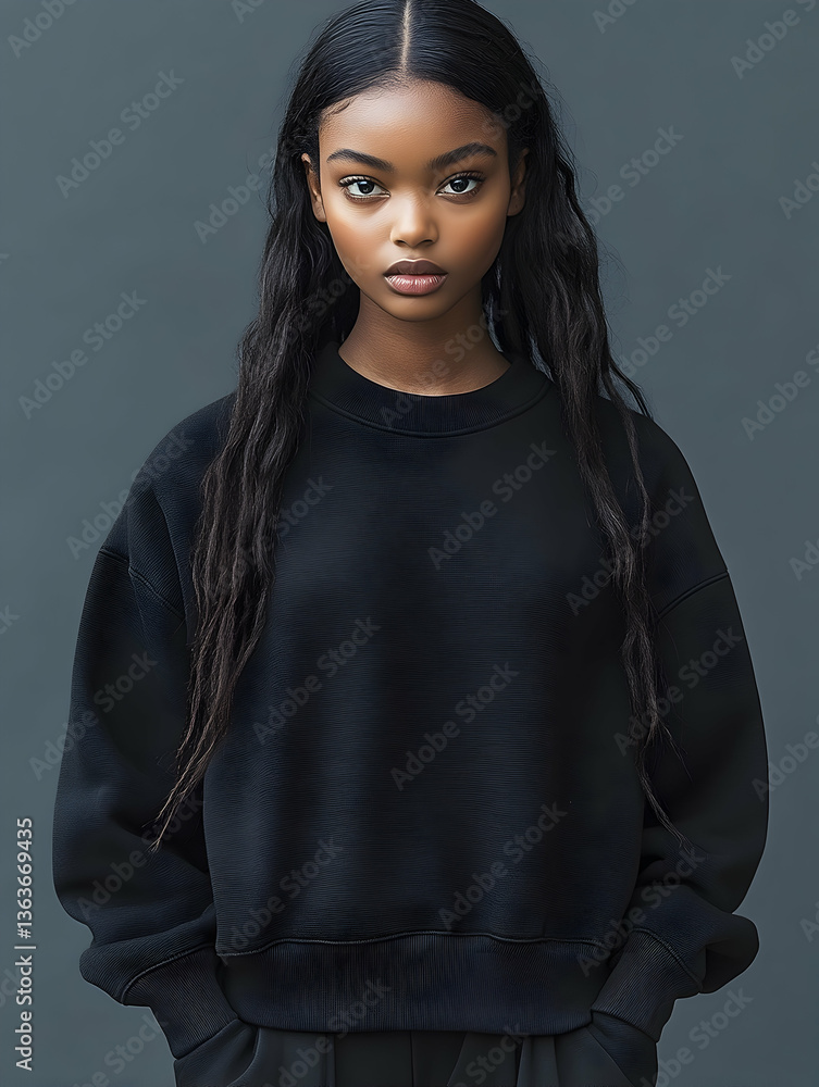 Woman with dark hair and neutral expression poses in oversized black sweatshirt against gray background Woman with dark hair and neutral expression poses in oversized black sweatshirt against gray background