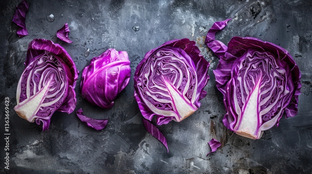 Obraz premium Vibrant Purple Cabbage Halves on Dark Background Fresh Produce Photography Culinary Arts Foo