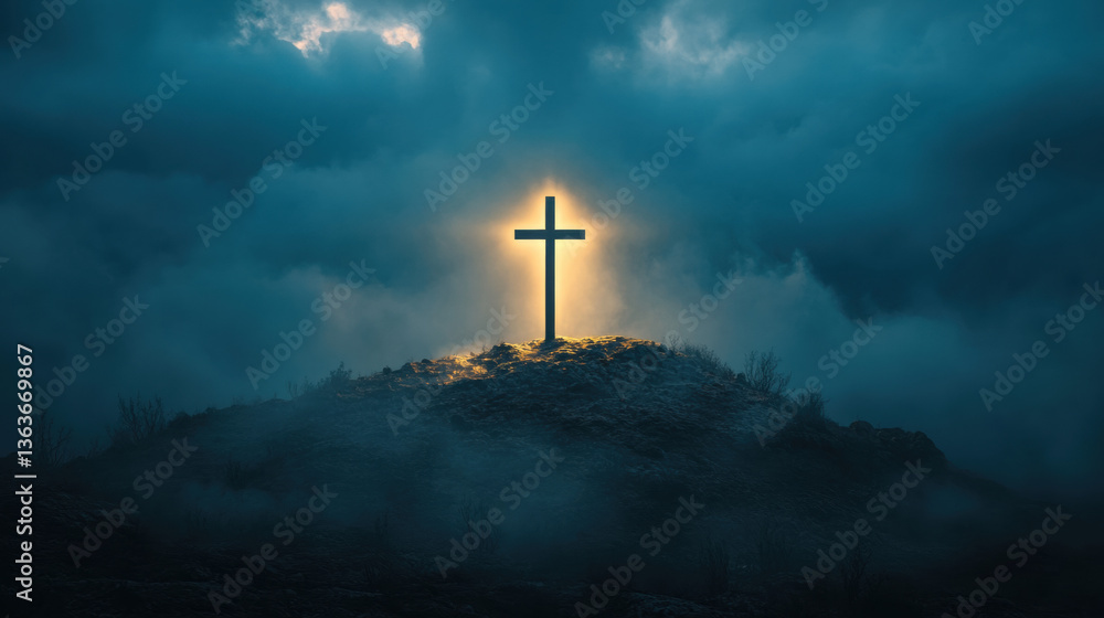 Fototapeta premium Christian Cross Illuminated Through Fog
