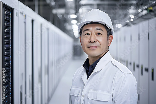 Asian man in hard hat and lab coat stands in a bright server room surrounded by rows of electronic equipment.