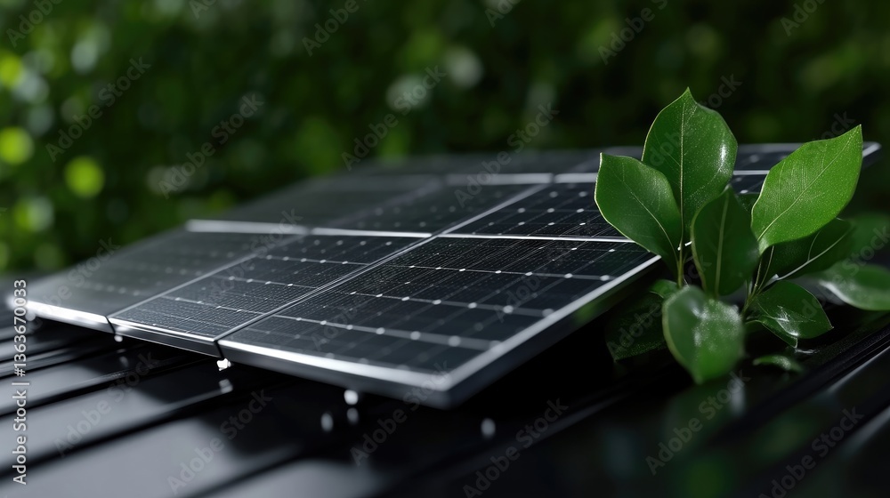 Fototapeta premium Solar panels with fresh leaves. Sustainable energy