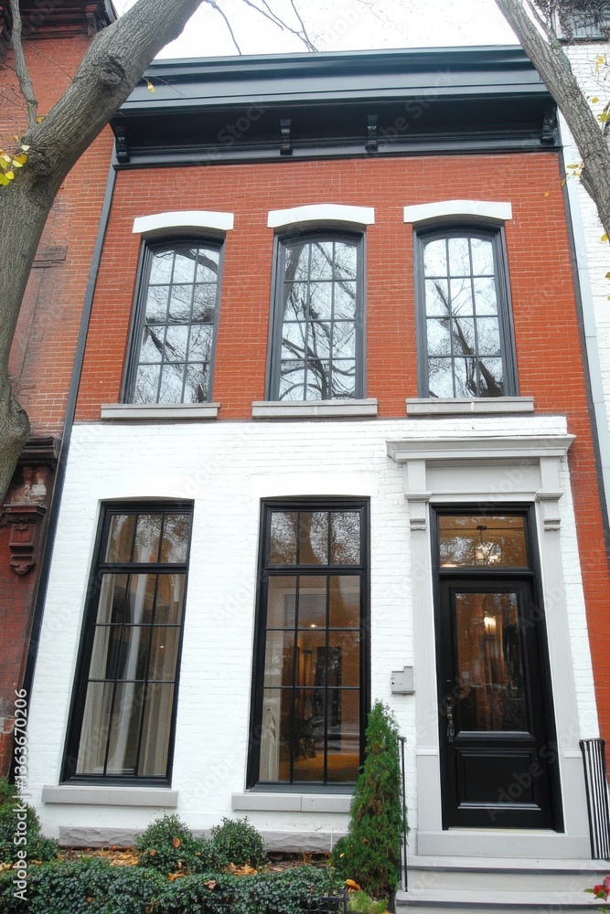 Obraz premium Renovated red brick house showcasing classic architecture in an urban neighborhood with large windows and modern design elements during a crisp autumn day