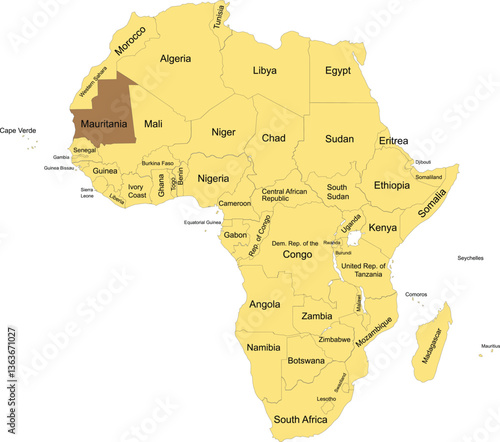 Detailed national location map of MAURITANIA within the great continent of Africa