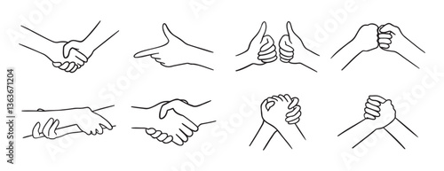 Friendship hand gesture doodle hand drawn icon set. Best friends Outline drawing friendship hand gesture line clipart symbol collection