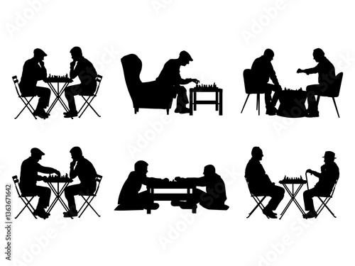 Set of Man Playing Chess Silhouette in various poses isolated on white background
