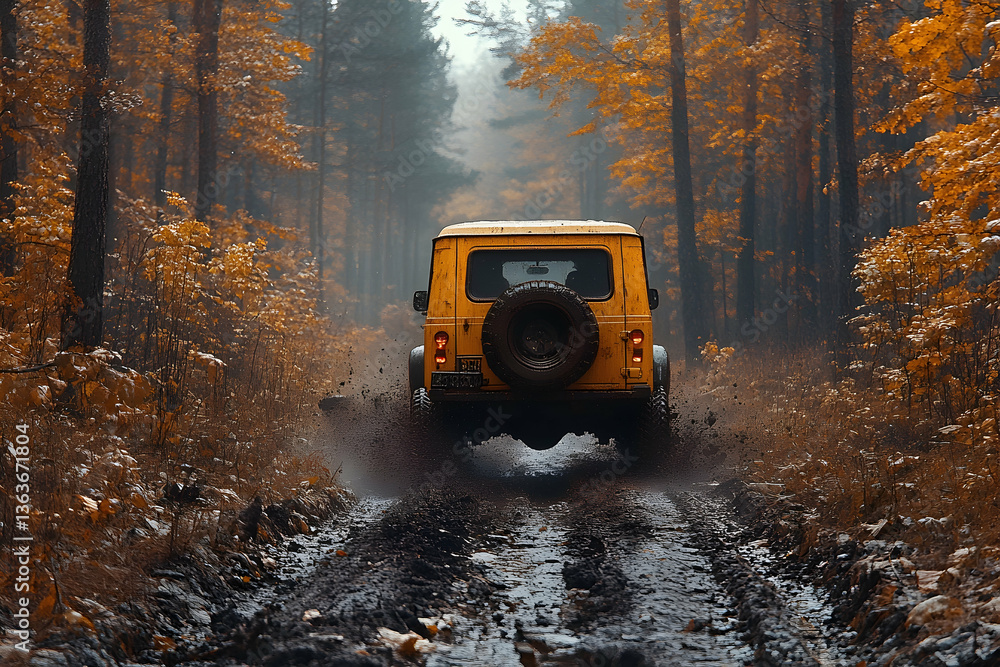 Yellow vehicle speeds on a muddy forest road Autumn Yellow vehicle speeds on a muddy forest road Autumn