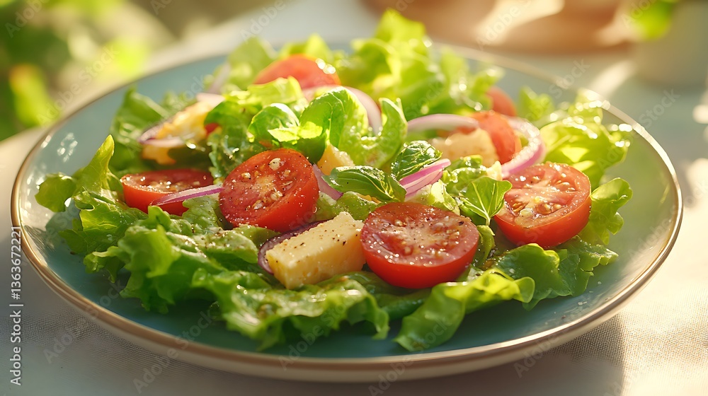 Artistic Vegetable Arrangement on Wavy Background, Artistic arrangement of lettuce, tomato slices, and onion on a wavy red and white background Artistic Vegetable Arrangement on Wavy Background, Artistic arrangement of lettuce, tomato slices, and onion on a wavy red and white background