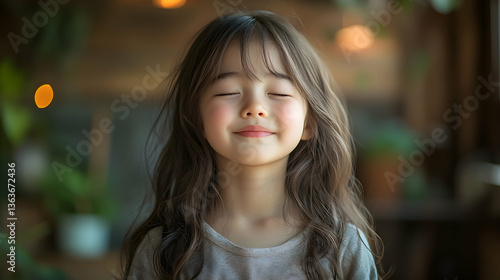 Young girl closes eyes, serene smile, flowing hair Natural light, plants in background
