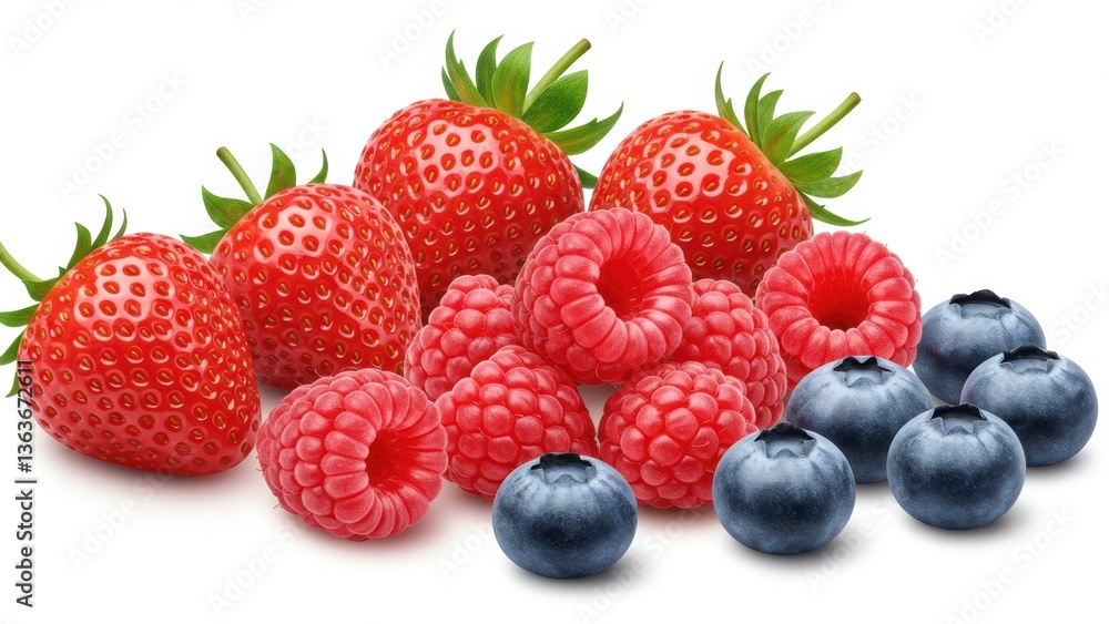 Fresh strawberries, raspberries, and blueberries on a white background. Fresh strawberries, raspberries, and blueberries on a white background.