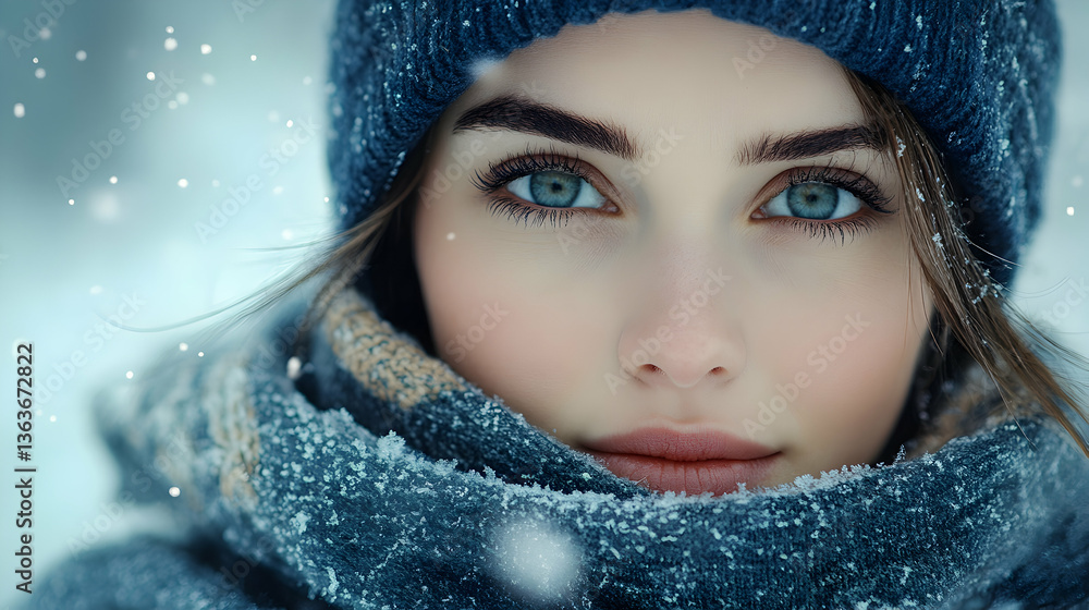 Woman's portrait in snowy weather with blue eyes, wearing a hat and scarf, covered in snowflakes Woman's portrait in snowy weather with blue eyes, wearing a hat and scarf, covered in snowflakes