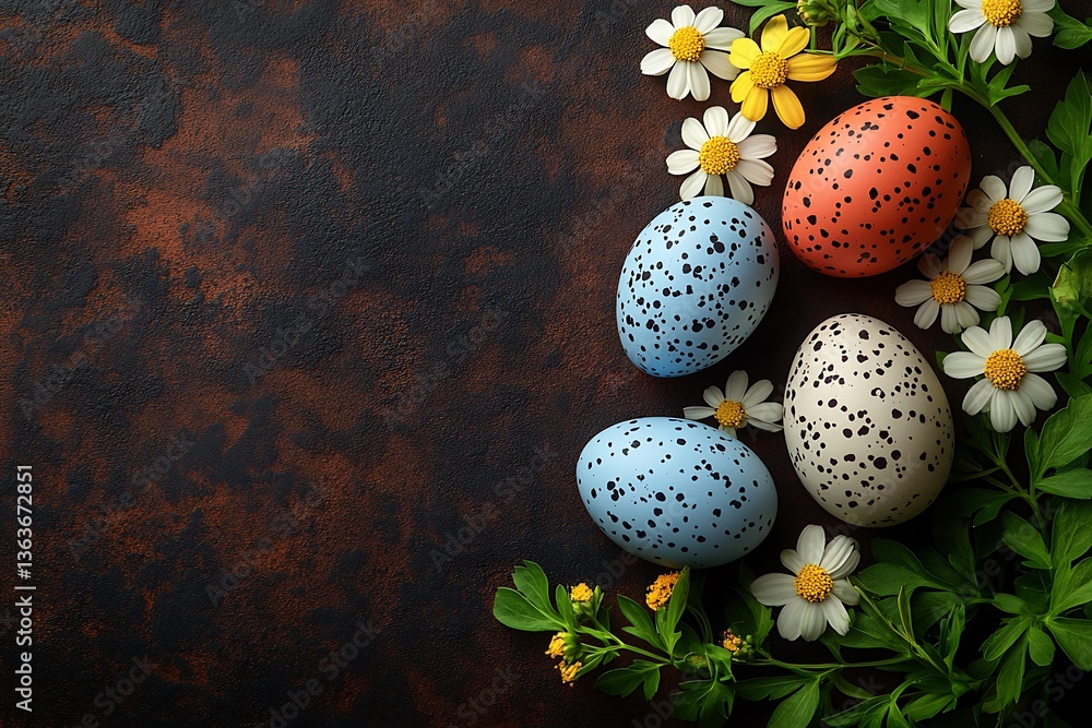 Obraz premium Easter Eggs, Flowers, Dark Background