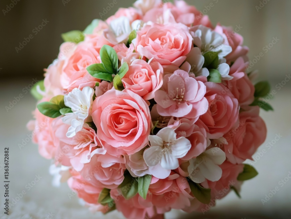 A floral arrangement of pink roses and white flowers in a glass vase. A floral arrangement of pink roses and white flowers in a glass vase.