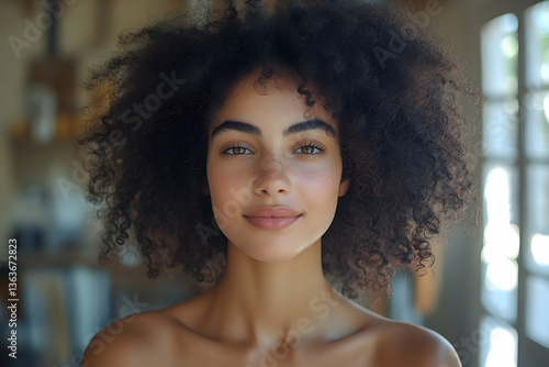 Woman's portrait, with afro, nude shoulders and natural light indoor setting