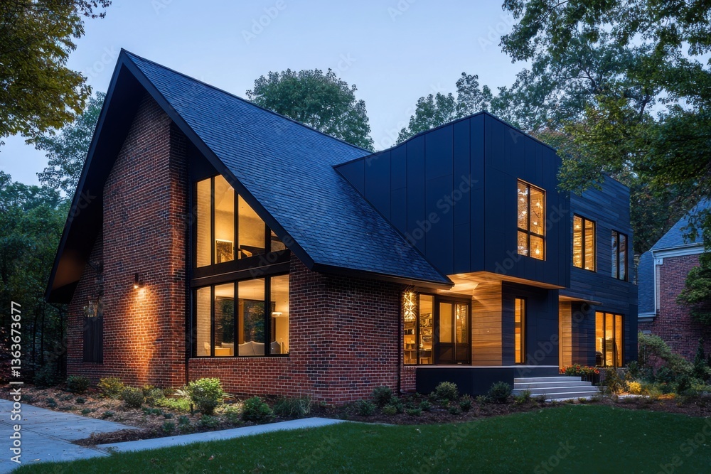 Modern architectural design showcases a blend of brick and dark siding in a serene suburban neighborhood during twilight hours Modern architectural design showcases a blend of brick and dark siding in a serene suburban neighborhood during twilight hours
