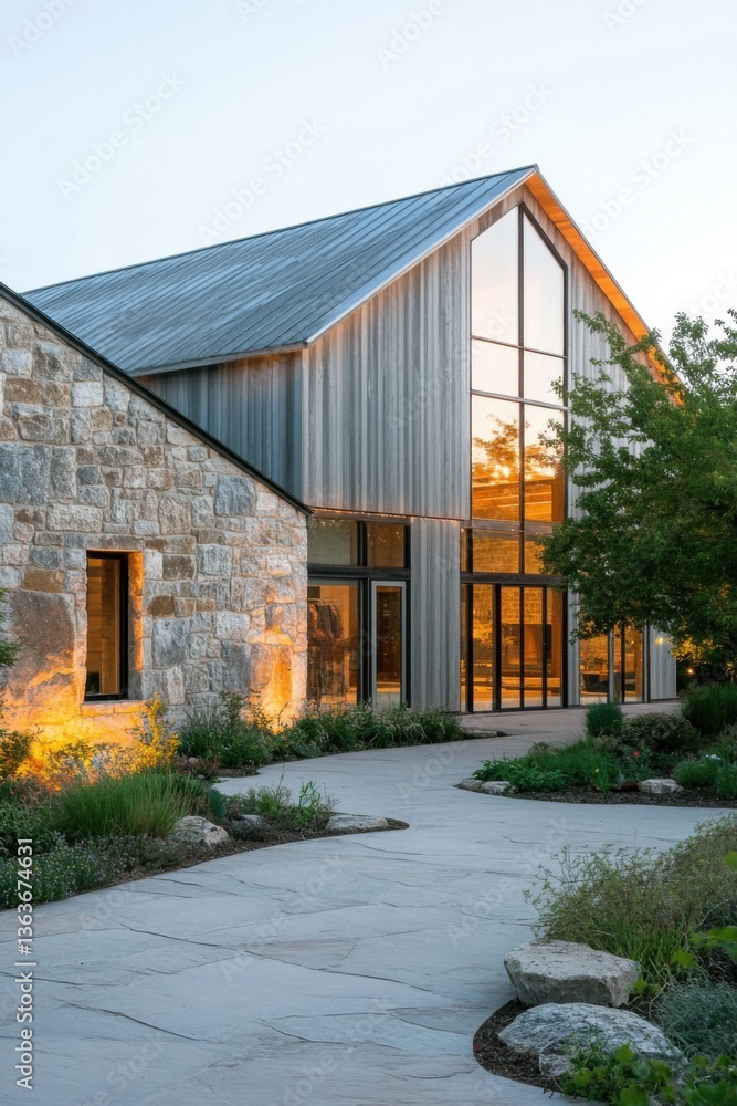 Modern architectural design blends stone and wood in a tranquil setting during the golden hour, showcasing a natural landscape and a spacious outdoor entrance Modern architectural design blends stone and wood in a tranquil setting during the golden hour, showcasing a natural landscape and a spacious outdoor entrance