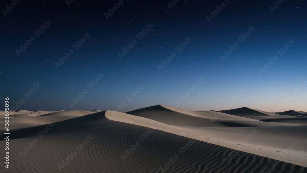 Naklejka premium Serene sand dunes under a dark, star-filled night sky at twilight.