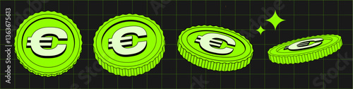 Vector set of Coins in different views in flat style. Illustration 90-s of currency in Retro y2k style. Applicable for gambling games, jackpot, bank, financial illustrations, or banners. Green