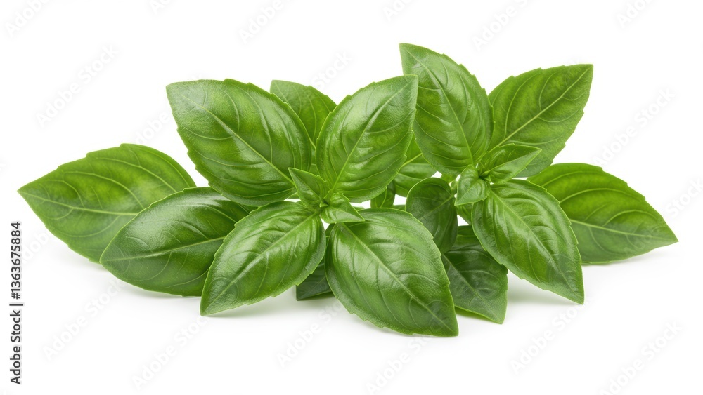 Fresh, aromatic green basil leaves on a white background, perfect for cuisine. Fresh, aromatic green basil leaves on a white background, perfect for cuisine.