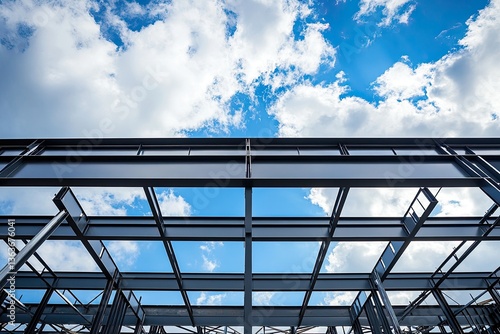 Steel framework under a vibrant blue sky, construction in progress