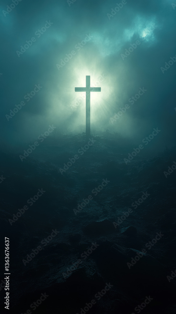Naklejka premium Christian Cross Illuminated Through Fog