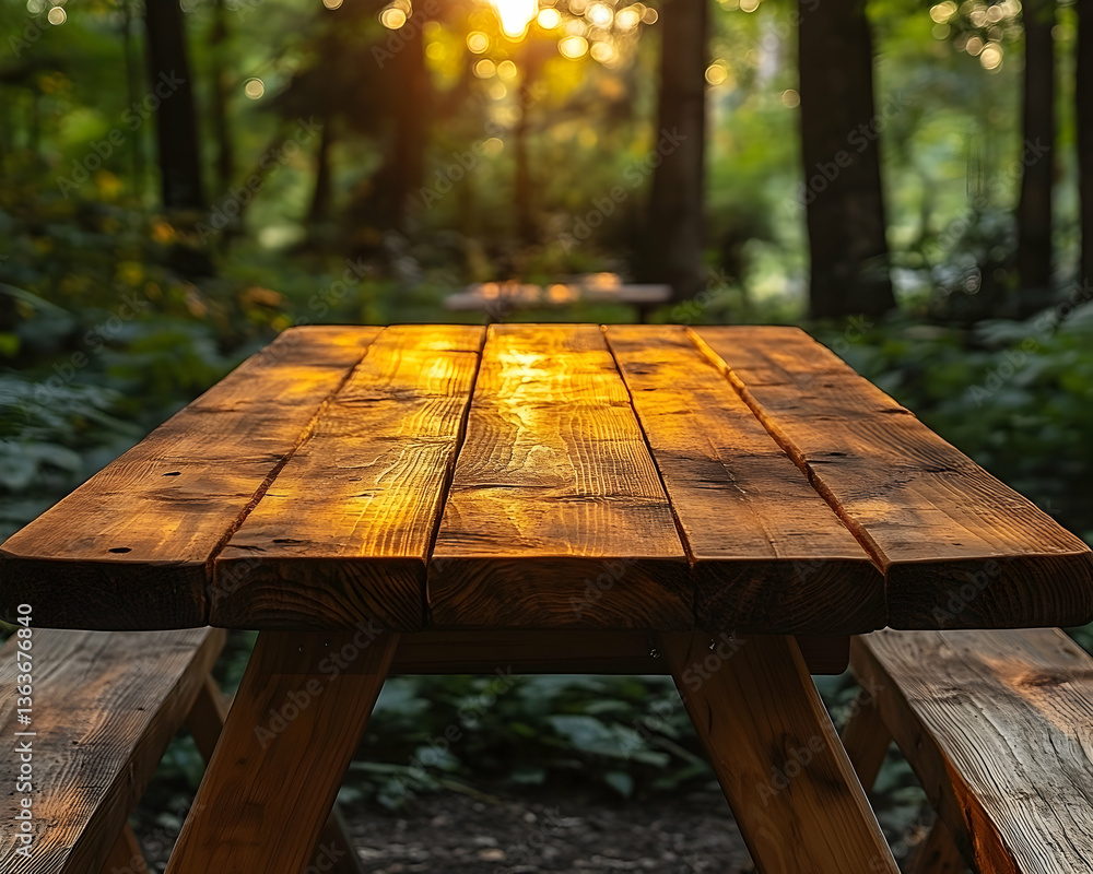 Naklejka premium Wooden picnic table with benches sits in a forest, bathed in golden sunlight
