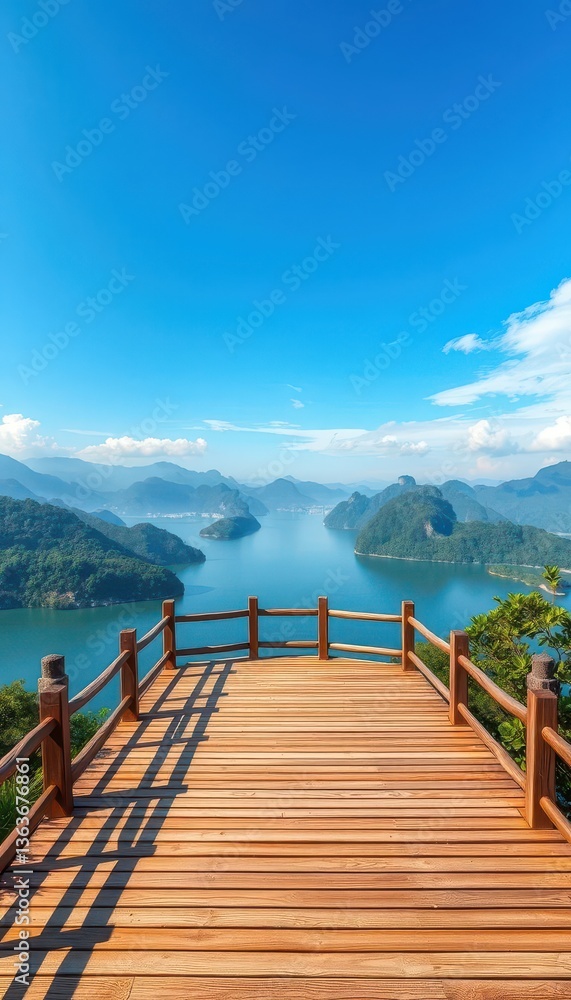 Obraz premium Elevated wooden platform overlooking serene Hangzhou lake; green mountains backdrop, scenic view, green