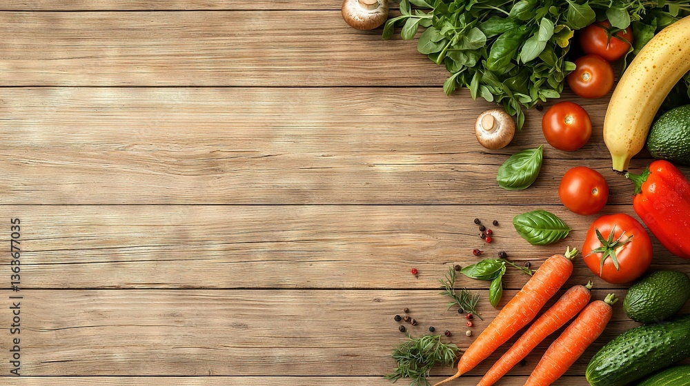 A wooden table filled with various vegetables and fruits arranged on top of one another A wooden table filled with various vegetables and fruits arranged on top of one another